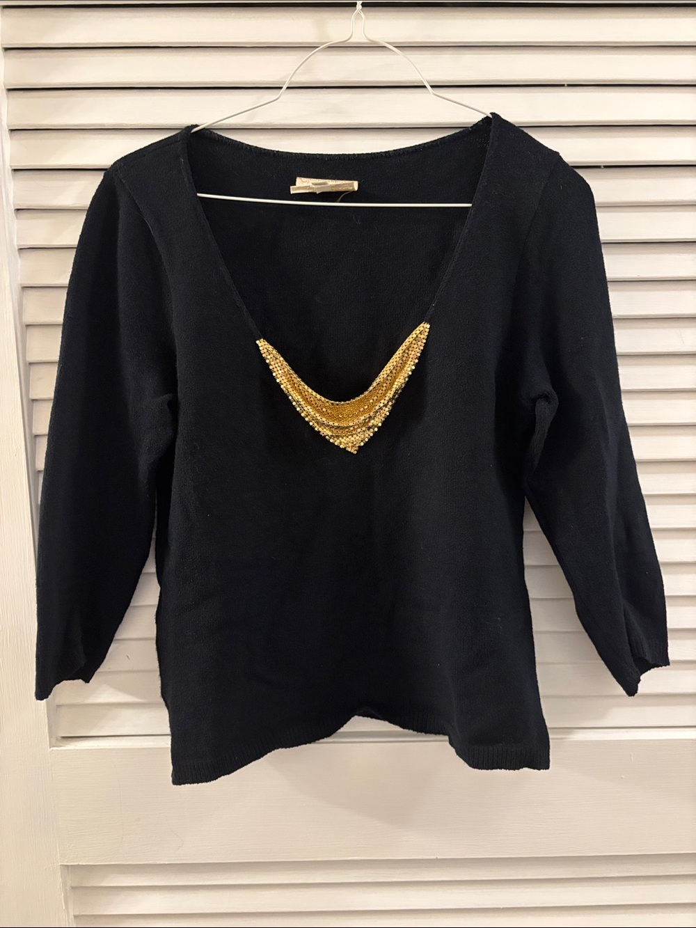 Cache Black V-Neck Sweater with Gold Beaded Accent